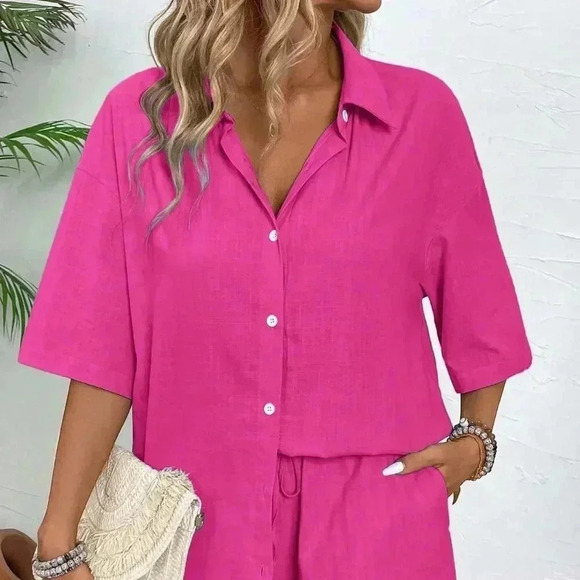 Hot Pink Casual Women's Summer Solid Color Drop-Shoulder Shirt And Loose Shorts - Picture 5 of 7